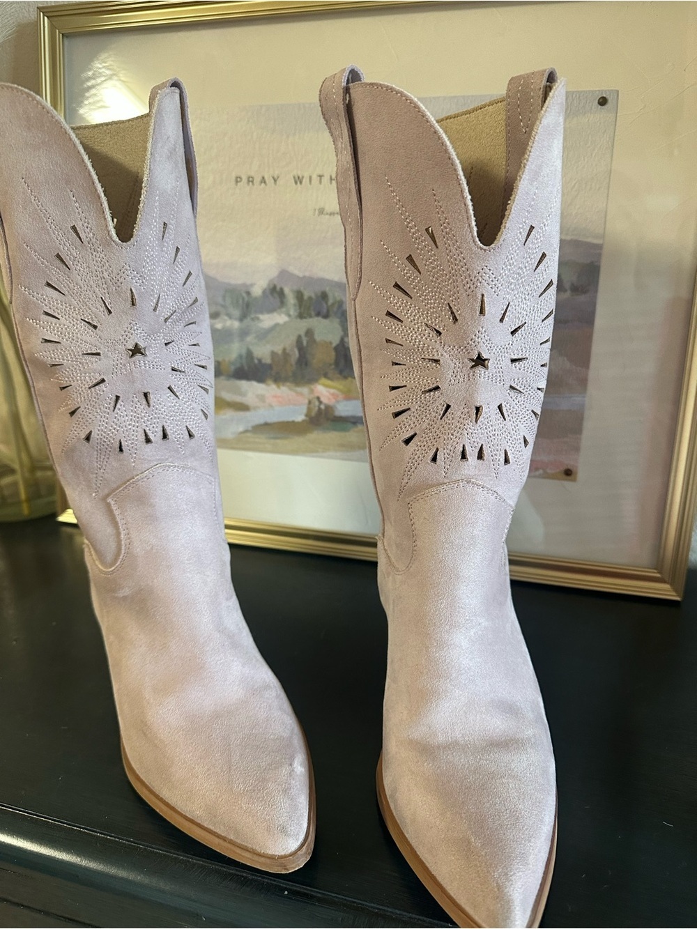 Women's Lavender Suede Western Cutout Mid-Calf Heeled Boots - Picture 7 of 10